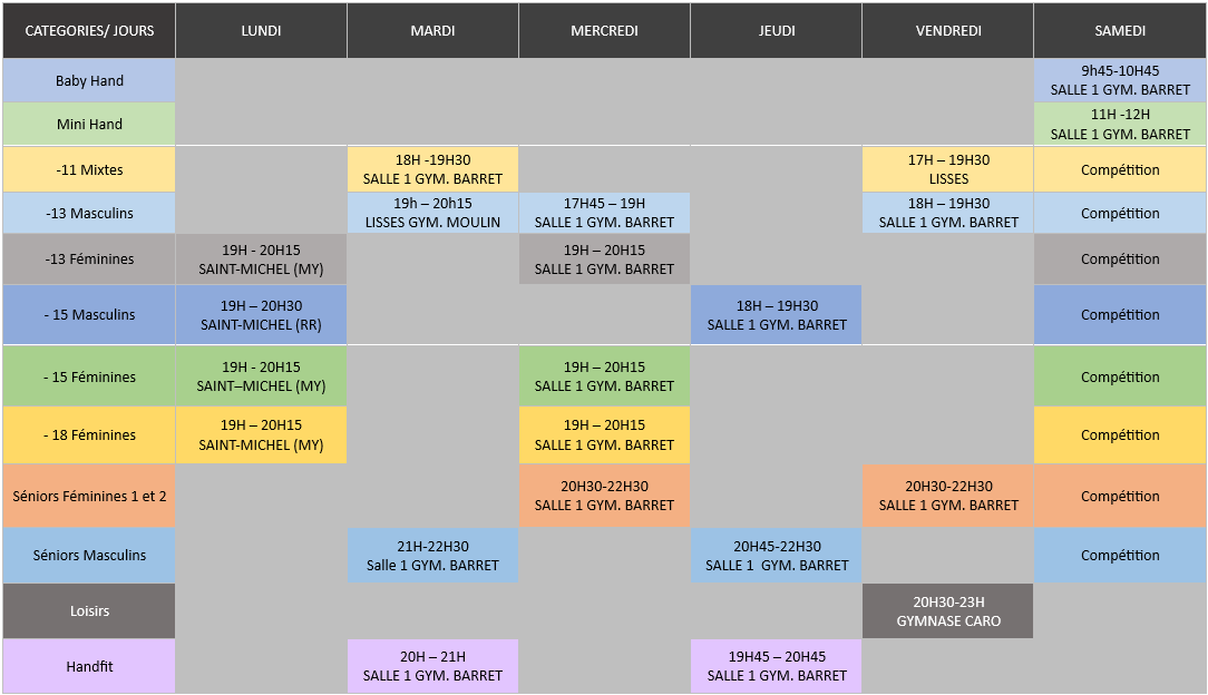Horaires Entrainement 2026-2027